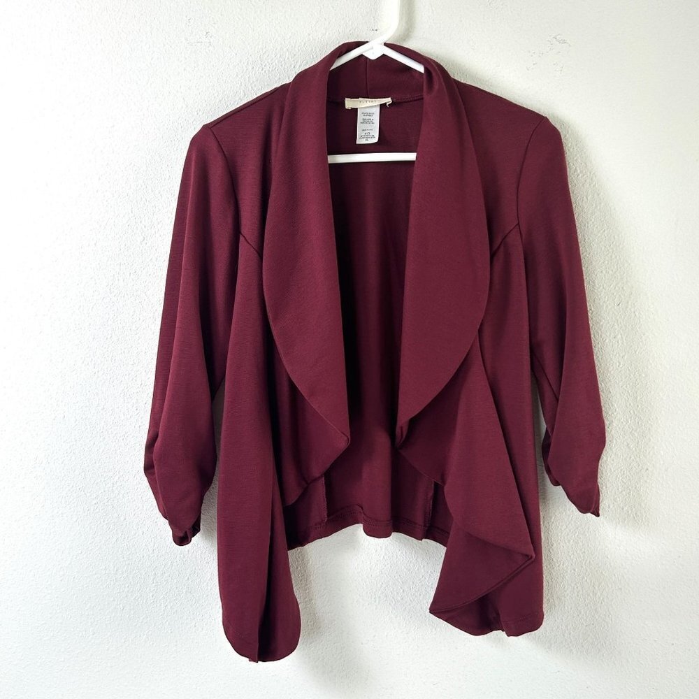 Poetry Cardigan Size‎ XL Burgundy Wine Ruched Sleeves Open Front Waterfall K165